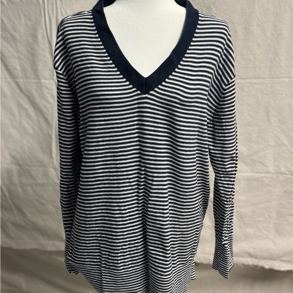 Tommy Hilfiger Black and White Striped V-Neck Sweater